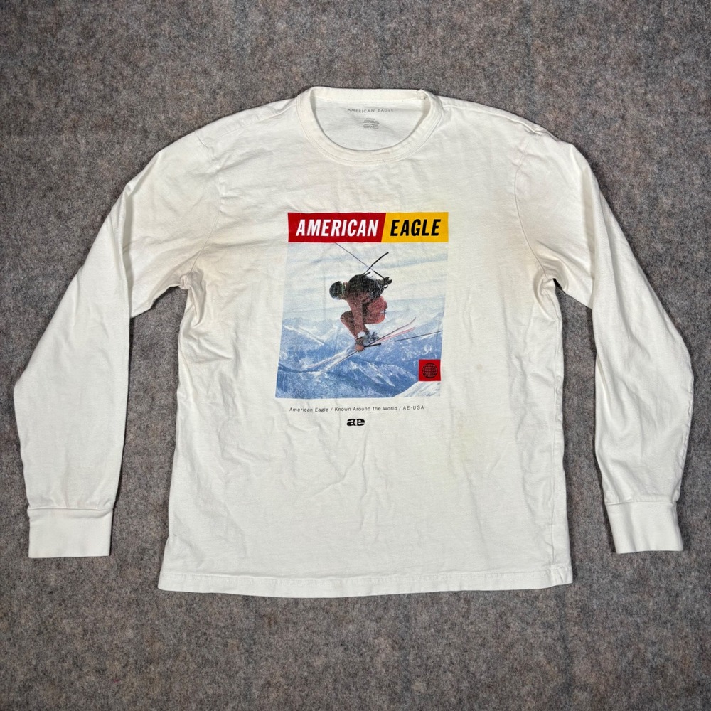 American Eagle Ski Graphic T-Shirt Mens M White Long Sleeve Cotton Skier Tee‎